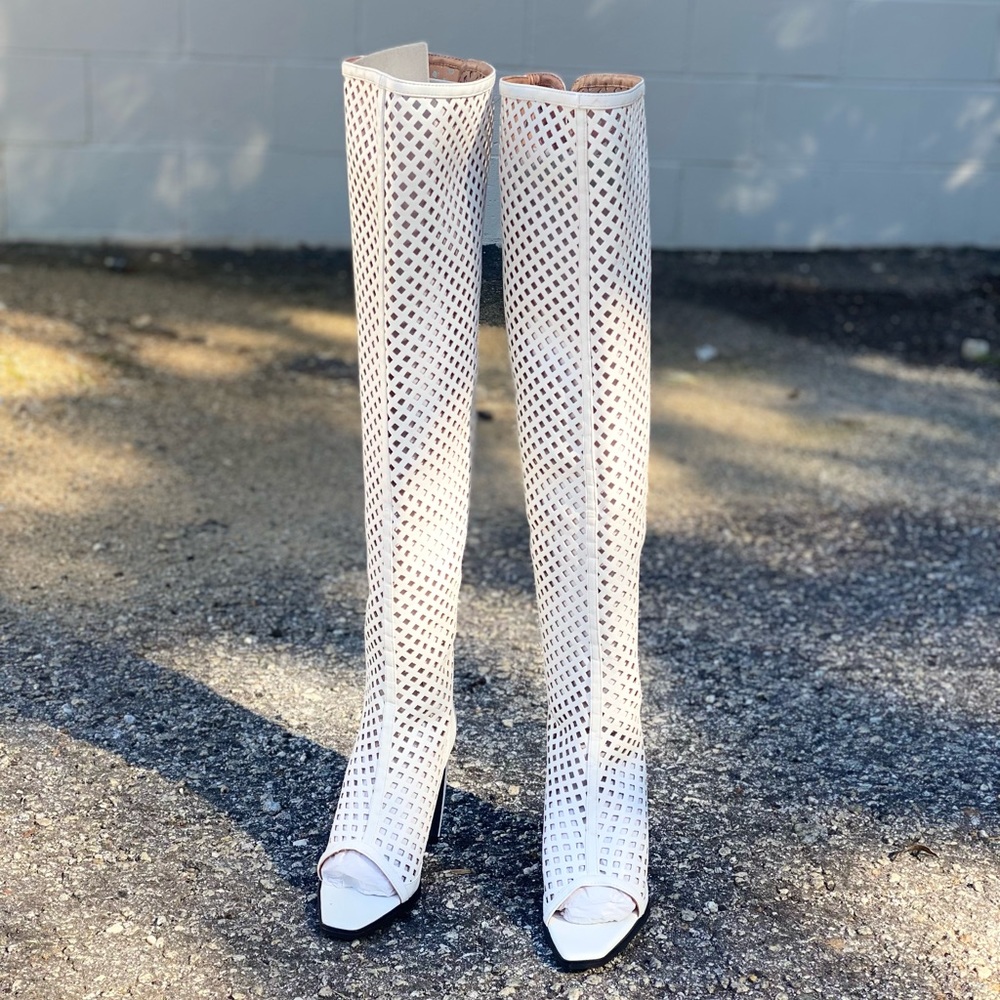 Caged thigh high boots